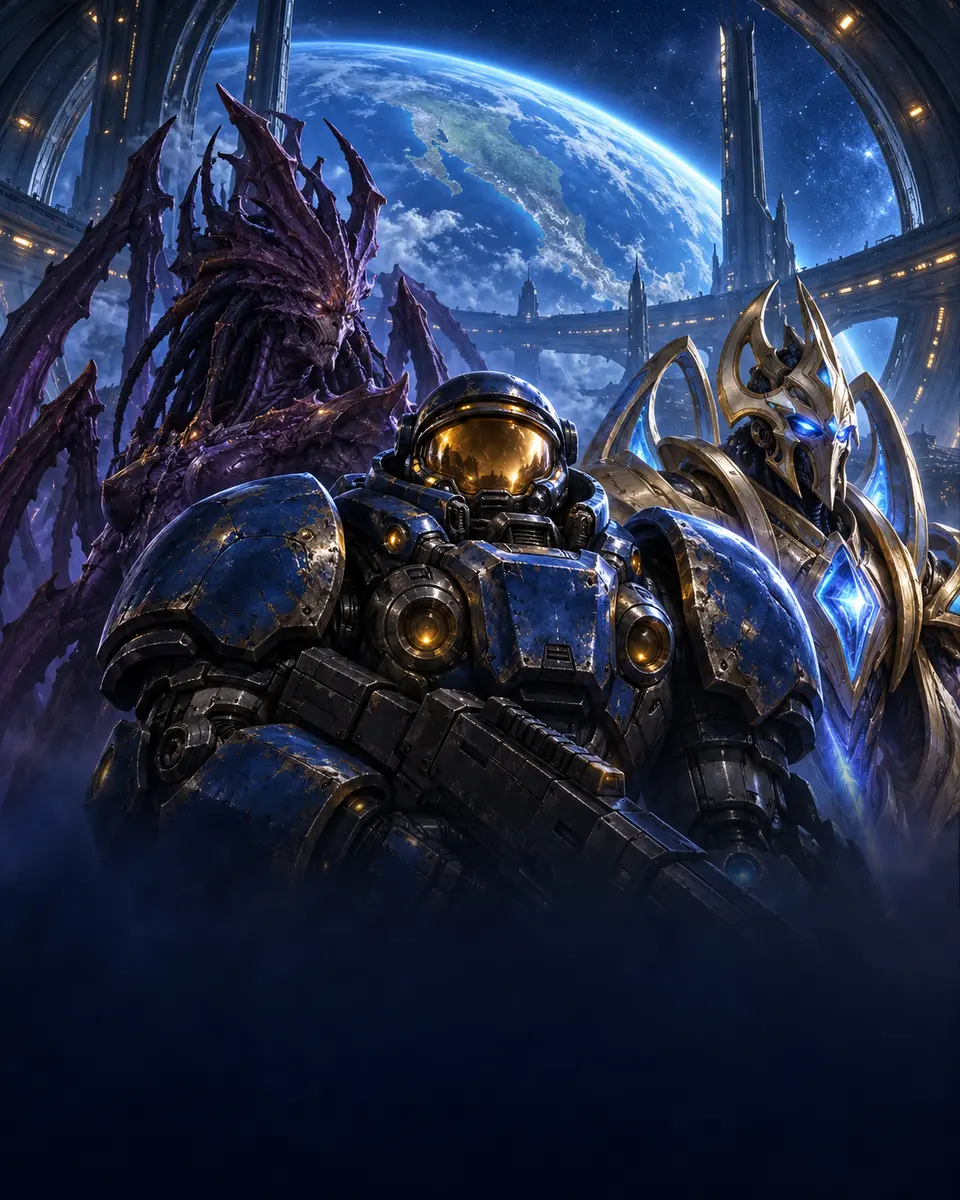 Un marine Terran, un guerrero Protoss y una reina Zerg frente a un planeta azul.