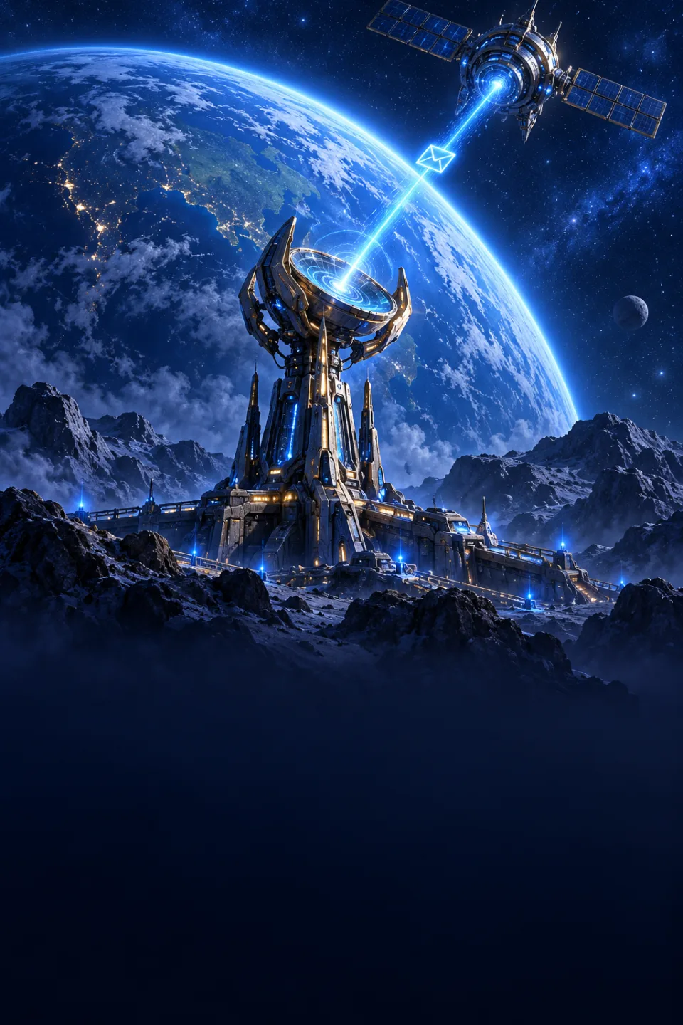 Una torre de comunicaciones envía un mensaje de luz a un satélite, frente a un planeta azul.